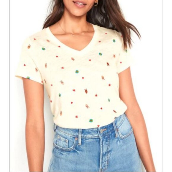 Old Navy V-Neck Tee XL Cream Peace Heart All Over Print - Picture 1 of 6
